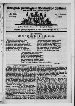 Königlich privilegirte Berlinische Zeitung von Staats- und gelehrten Sachen vom 13.11.1850