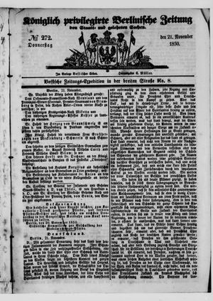 Königlich privilegirte Berlinische Zeitung von Staats- und gelehrten Sachen vom 21.11.1850