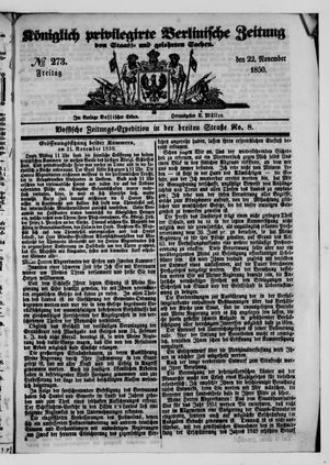 Königlich privilegirte Berlinische Zeitung von Staats- und gelehrten Sachen vom 22.11.1850