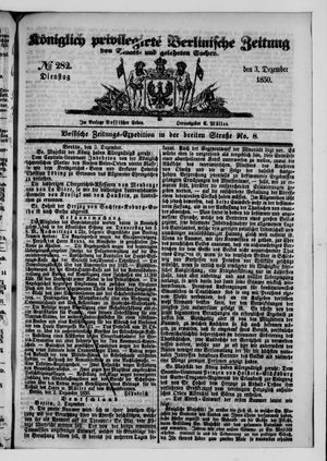 Königlich privilegirte Berlinische Zeitung von Staats- und gelehrten Sachen vom 03.12.1850