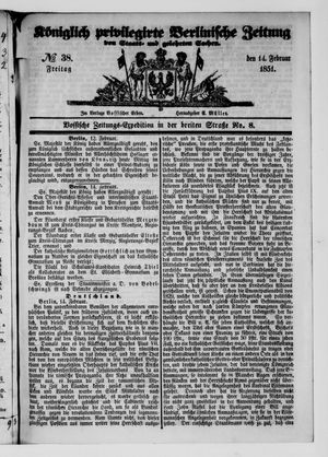 Königlich privilegirte Berlinische Zeitung von Staats- und gelehrten Sachen vom 14.02.1851
