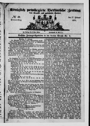 Königlich privilegirte Berlinische Zeitung von Staats- und gelehrten Sachen on Feb 27, 1851