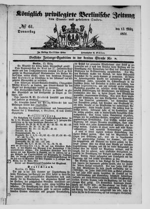 Königlich privilegirte Berlinische Zeitung von Staats- und gelehrten Sachen vom 13.03.1851