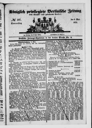 Königlich privilegirte Berlinische Zeitung von Staats- und gelehrten Sachen on May 8, 1851