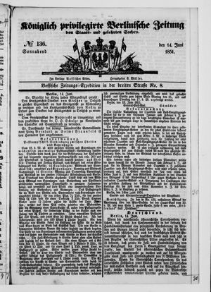 Königlich privilegirte Berlinische Zeitung von Staats- und gelehrten Sachen vom 14.06.1851