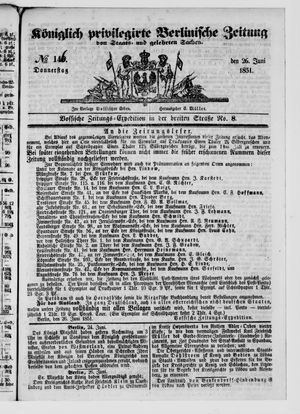 Königlich privilegirte Berlinische Zeitung von Staats- und gelehrten Sachen vom 26.06.1851
