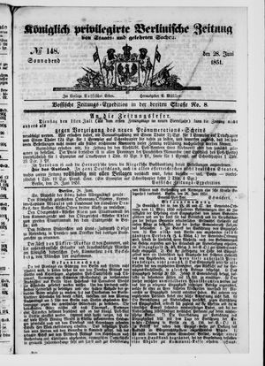 Königlich privilegirte Berlinische Zeitung von Staats- und gelehrten Sachen vom 28.06.1851