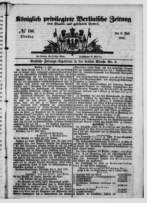 Königlich privilegirte Berlinische Zeitung von Staats- und gelehrten Sachen vom 08.07.1851