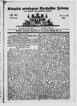 Königlich privilegirte Berlinische Zeitung von Staats- und gelehrten Sachen vom 13.07.1851