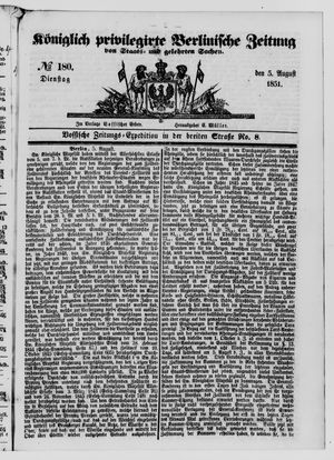 Königlich privilegirte Berlinische Zeitung von Staats- und gelehrten Sachen on Aug 5, 1851