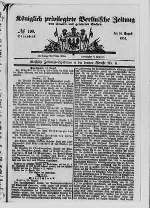 Königlich privilegirte Berlinische Zeitung von Staats- und gelehrten Sachen on Aug 16, 1851