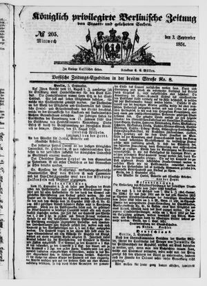 Königlich privilegirte Berlinische Zeitung von Staats- und gelehrten Sachen on Sep 3, 1851