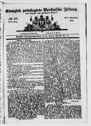 Königlich privilegirte Berlinische Zeitung von Staats- und gelehrten Sachen vom 09.09.1851