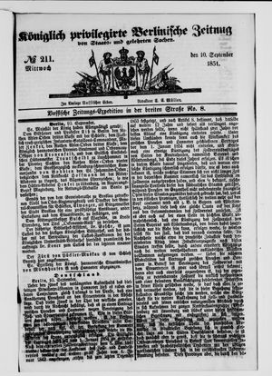 Königlich privilegirte Berlinische Zeitung von Staats- und gelehrten Sachen vom 10.09.1851