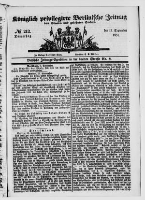 Königlich privilegirte Berlinische Zeitung von Staats- und gelehrten Sachen on Sep 11, 1851