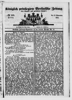 Königlich privilegirte Berlinische Zeitung von Staats- und gelehrten Sachen vom 12.09.1851