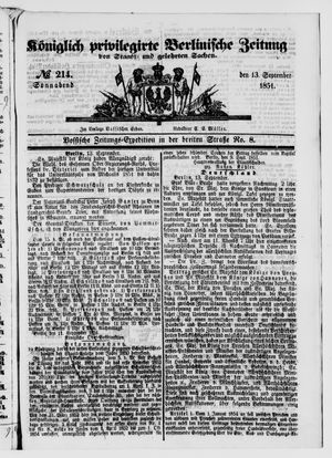 Königlich privilegirte Berlinische Zeitung von Staats- und gelehrten Sachen vom 13.09.1851