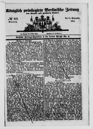 Königlich privilegirte Berlinische Zeitung von Staats- und gelehrten Sachen on Sep 14, 1851