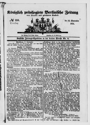 Königlich privilegirte Berlinische Zeitung von Staats- und gelehrten Sachen on Sep 16, 1851