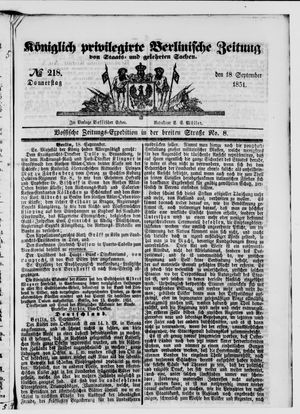 Königlich privilegirte Berlinische Zeitung von Staats- und gelehrten Sachen on Sep 18, 1851