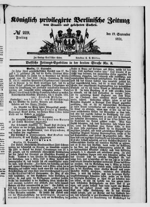 Königlich privilegirte Berlinische Zeitung von Staats- und gelehrten Sachen vom 19.09.1851