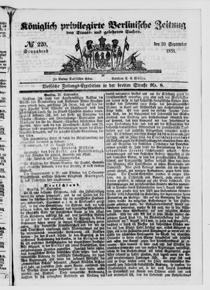 Königlich privilegirte Berlinische Zeitung von Staats- und gelehrten Sachen on Sep 20, 1851