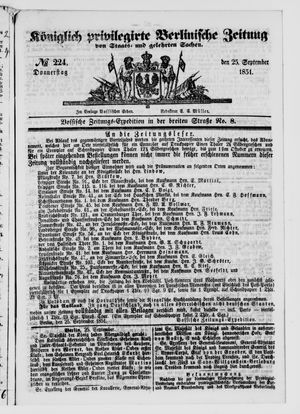 Königlich privilegirte Berlinische Zeitung von Staats- und gelehrten Sachen vom 25.09.1851