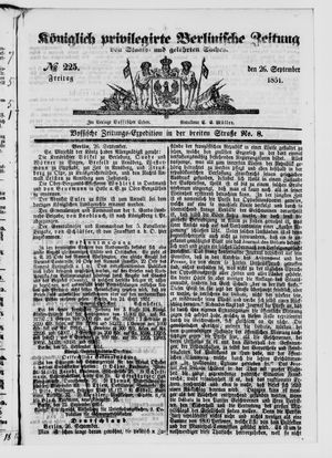 Königlich privilegirte Berlinische Zeitung von Staats- und gelehrten Sachen vom 26.09.1851