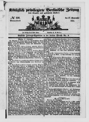 Königlich privilegirte Berlinische Zeitung von Staats- und gelehrten Sachen on Sep 27, 1851