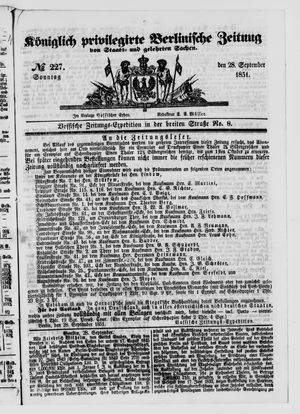 Königlich privilegirte Berlinische Zeitung von Staats- und gelehrten Sachen on Sep 28, 1851