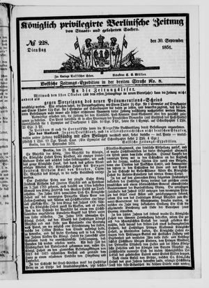 Königlich privilegirte Berlinische Zeitung von Staats- und gelehrten Sachen vom 30.09.1851