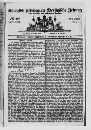 Königlich privilegirte Berlinische Zeitung von Staats- und gelehrten Sachen on Oct 2, 1851
