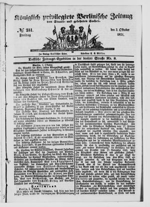 Königlich privilegirte Berlinische Zeitung von Staats- und gelehrten Sachen on Oct 3, 1851