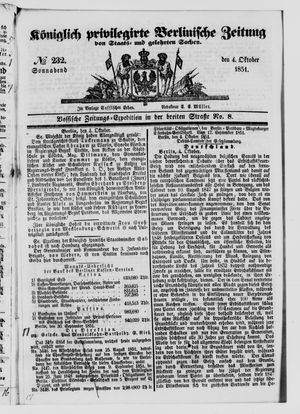 Königlich privilegirte Berlinische Zeitung von Staats- und gelehrten Sachen vom 04.10.1851