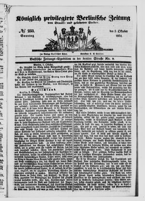 Königlich privilegirte Berlinische Zeitung von Staats- und gelehrten Sachen on Oct 5, 1851