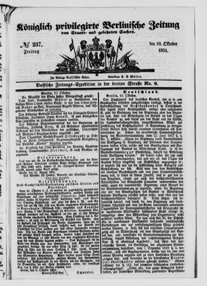 Königlich privilegirte Berlinische Zeitung von Staats- und gelehrten Sachen on Oct 10, 1851