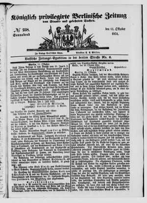 Königlich privilegirte Berlinische Zeitung von Staats- und gelehrten Sachen vom 11.10.1851