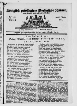Königlich privilegirte Berlinische Zeitung von Staats- und gelehrten Sachen on Oct 15, 1851