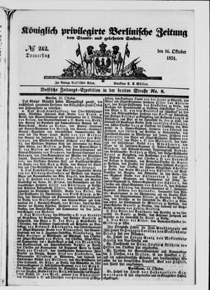Königlich privilegirte Berlinische Zeitung von Staats- und gelehrten Sachen vom 16.10.1851