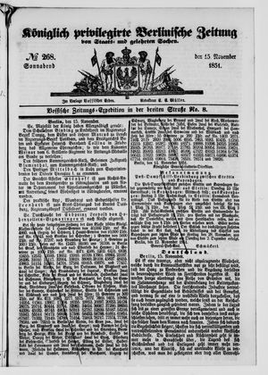 Königlich privilegirte Berlinische Zeitung von Staats- und gelehrten Sachen vom 15.11.1851