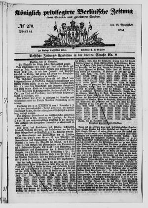 Königlich privilegirte Berlinische Zeitung von Staats- und gelehrten Sachen vom 18.11.1851
