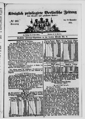 Königlich privilegirte Berlinische Zeitung von Staats- und gelehrten Sachen vom 30.11.1851