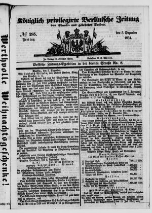 Königlich privilegirte Berlinische Zeitung von Staats- und gelehrten Sachen vom 05.12.1851