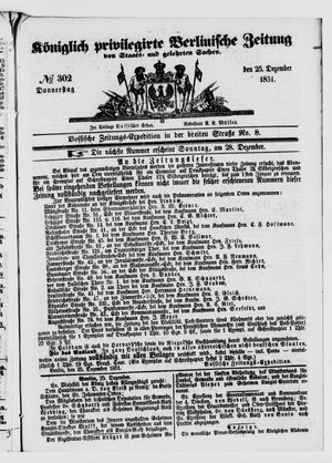 Königlich privilegirte Berlinische Zeitung von Staats- und gelehrten Sachen vom 25.12.1851
