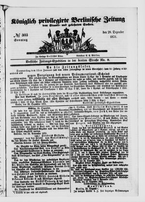 Königlich privilegirte Berlinische Zeitung von Staats- und gelehrten Sachen vom 28.12.1851