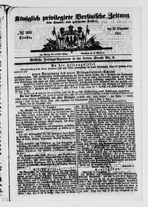 Königlich privilegirte Berlinische Zeitung von Staats- und gelehrten Sachen on Dec 30, 1851