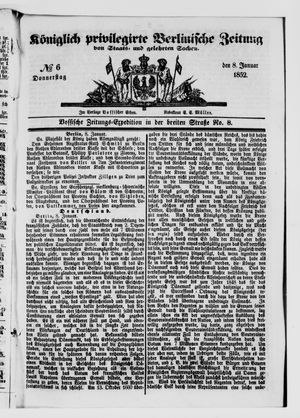 Königlich privilegirte Berlinische Zeitung von Staats- und gelehrten Sachen vom 08.01.1852