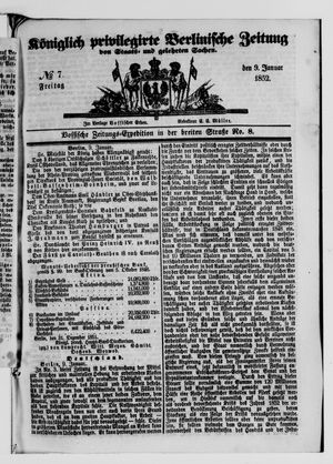 Königlich privilegirte Berlinische Zeitung von Staats- und gelehrten Sachen vom 09.01.1852