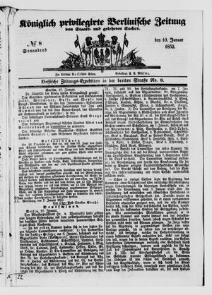 Königlich privilegirte Berlinische Zeitung von Staats- und gelehrten Sachen vom 10.01.1852