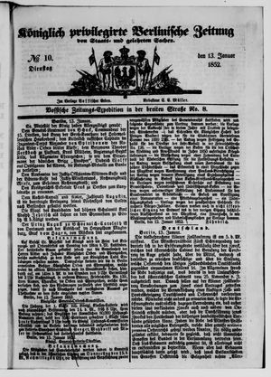 Königlich privilegirte Berlinische Zeitung von Staats- und gelehrten Sachen vom 13.01.1852